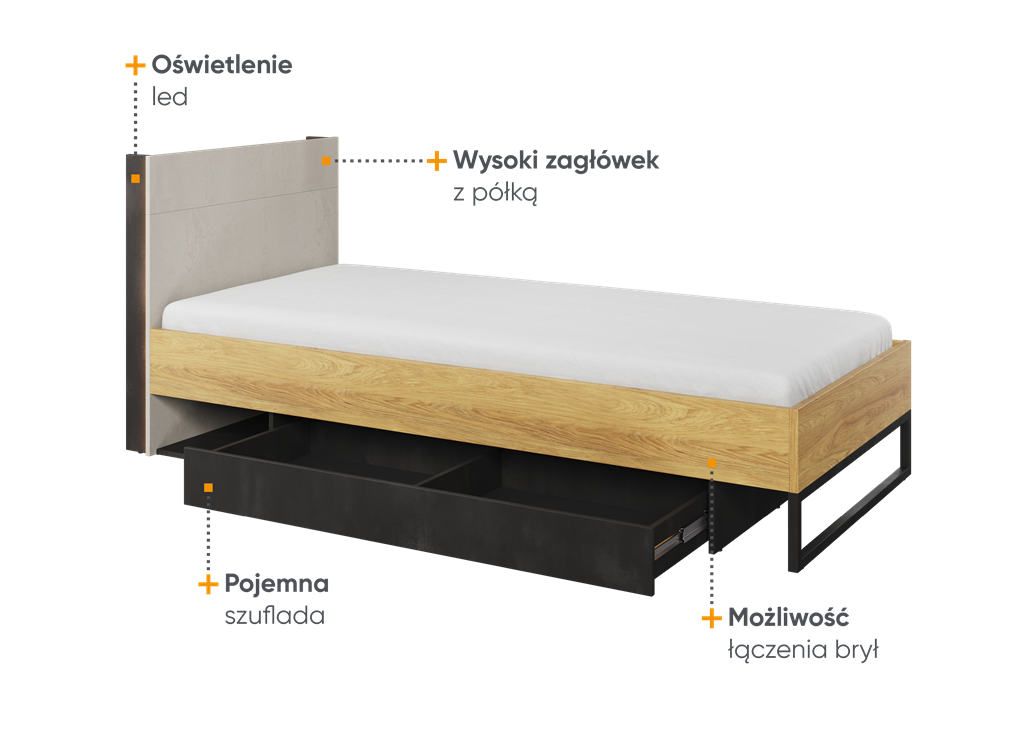 Łóżko ze stelażem TEEN FLEX powierzchnia spania 90 cm hikora naturalna/silk flou/raw steel TF16SFH Nowoczesne Komfort Powierzchnia Spania Stelaż