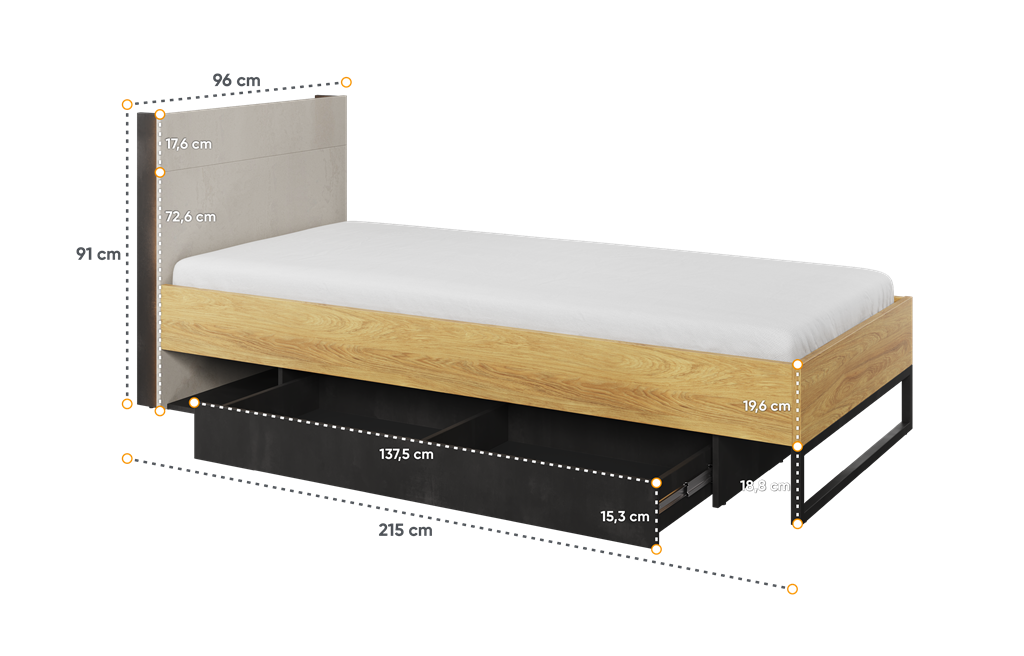 Łóżko ze stelażem TEEN FLEX powierzchnia spania 90 cm hikora naturalna/silk flou/raw steel TF16SFH Nowoczesne Komfort Powierzchnia Spania Stelaż