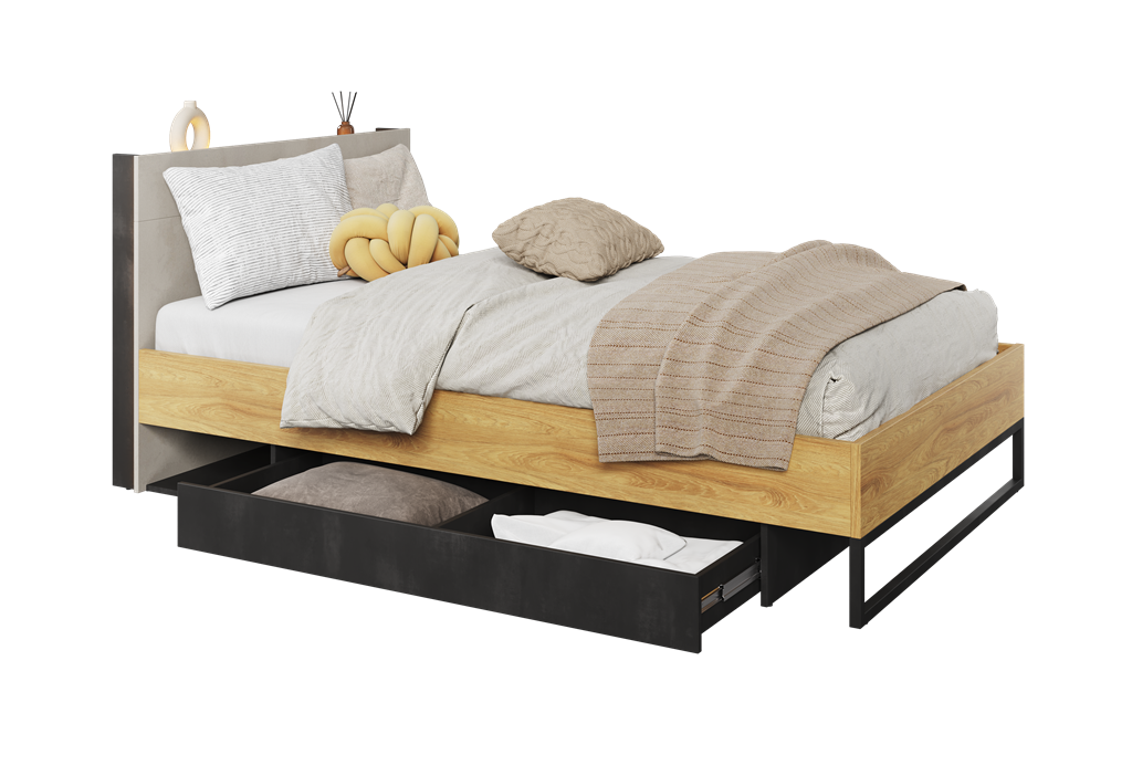 Łóżko ze stelażem TEEN FLEX powierzchnia spania 120 cm hikora naturalna/silk flou/raw steel TF17SFH Nowoczesne Komfort Powierzchnia Spania Stelaż