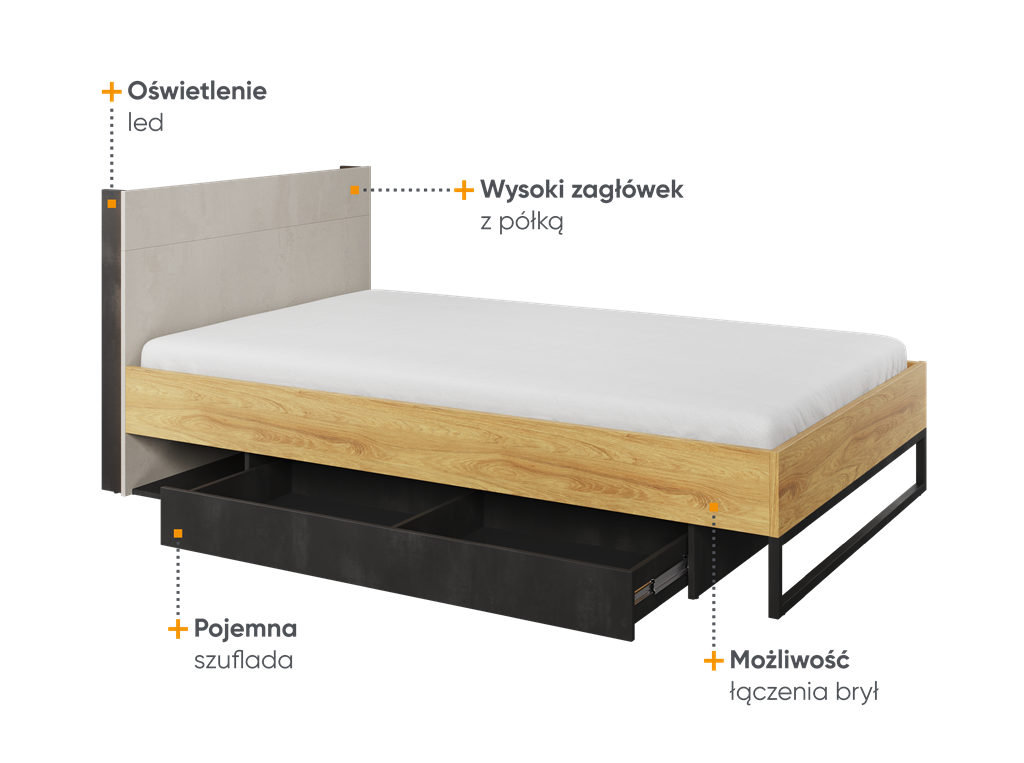 Łóżko ze stelażem TEEN FLEX powierzchnia spania 120 cm hikora naturalna/silk flou/raw steel TF17SFH Nowoczesne Komfort Powierzchnia Spania Stelaż