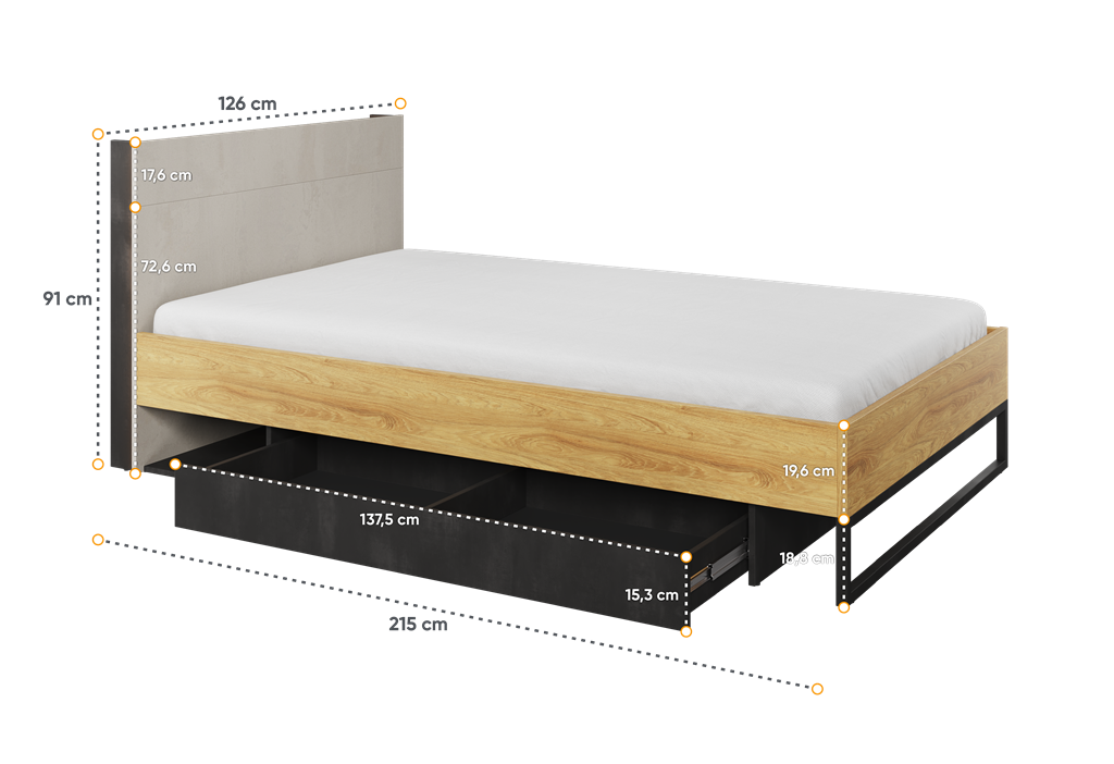 Łóżko ze stelażem TEEN FLEX powierzchnia spania 120 cm hikora naturalna/silk flou/raw steel TF17SFH Nowoczesne Komfort Powierzchnia Spania Stelaż