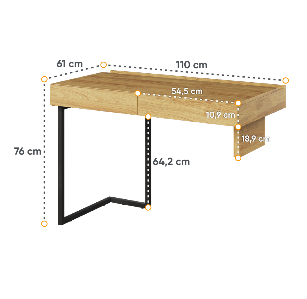 Biurko TEEN FLEX szerokość 110 cm hikora naturalna/raw steel TF6HRS Nowoczesna Przestronny Pojemny Półki Książki
