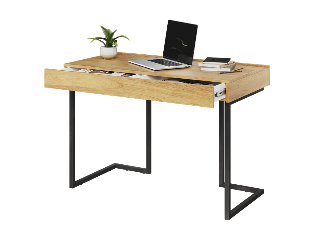 Biurko TEEN FLEX szerokość 110 cm hikora naturalna/raw steel TF615HRS Nowoczesna Przestronny Pojemny Półki Książki