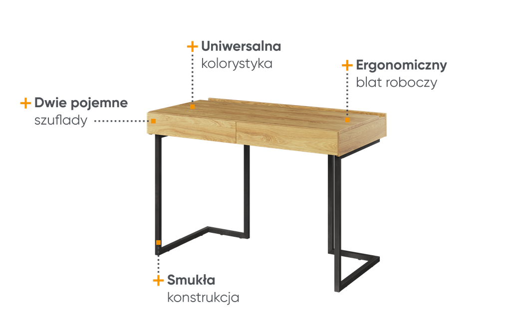 Biurko TEEN FLEX szerokość 110 cm hikora naturalna/raw steel TF615HRS Nowoczesna Przestronny Pojemny Półki Książki
