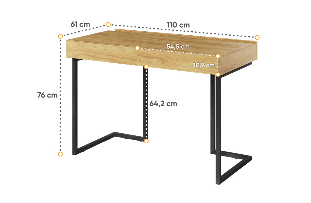 Biurko TEEN FLEX szerokość 110 cm hikora naturalna/raw steel TF615HRS Nowoczesna Przestronny Pojemny Półki Książki