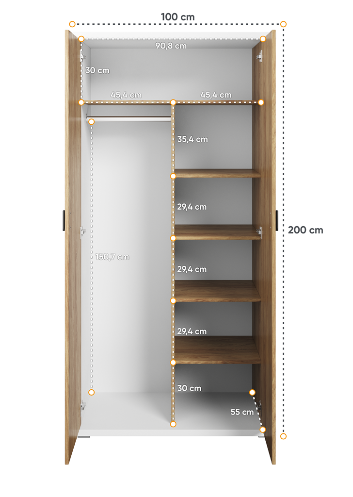 Szafa SIMI szerokość 100 cm biały/hikora naturalna MS2BH Nowoczesna Do Sypialni Przestronna Pojemna Półki Książki