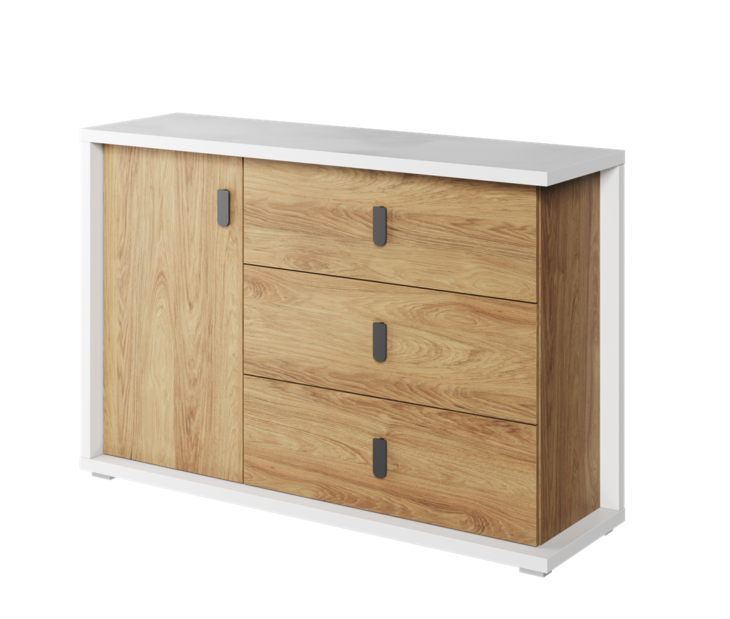 Komoda SIMI szerokość 135 cm biały/hikora naturalna MS5BH Nowoczesna Do Sypialni Przestronna Pojemna Półki Książki