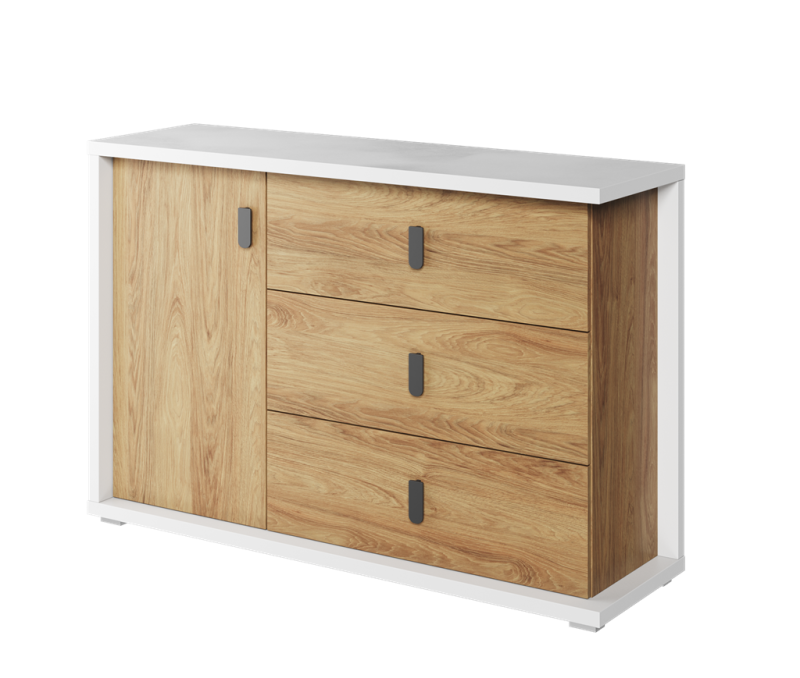 Komoda SIMI szerokość 135 cm biały/hikora naturalna MS5BH Nowoczesna Do Sypialni Przestronna Pojemna Półki Książki