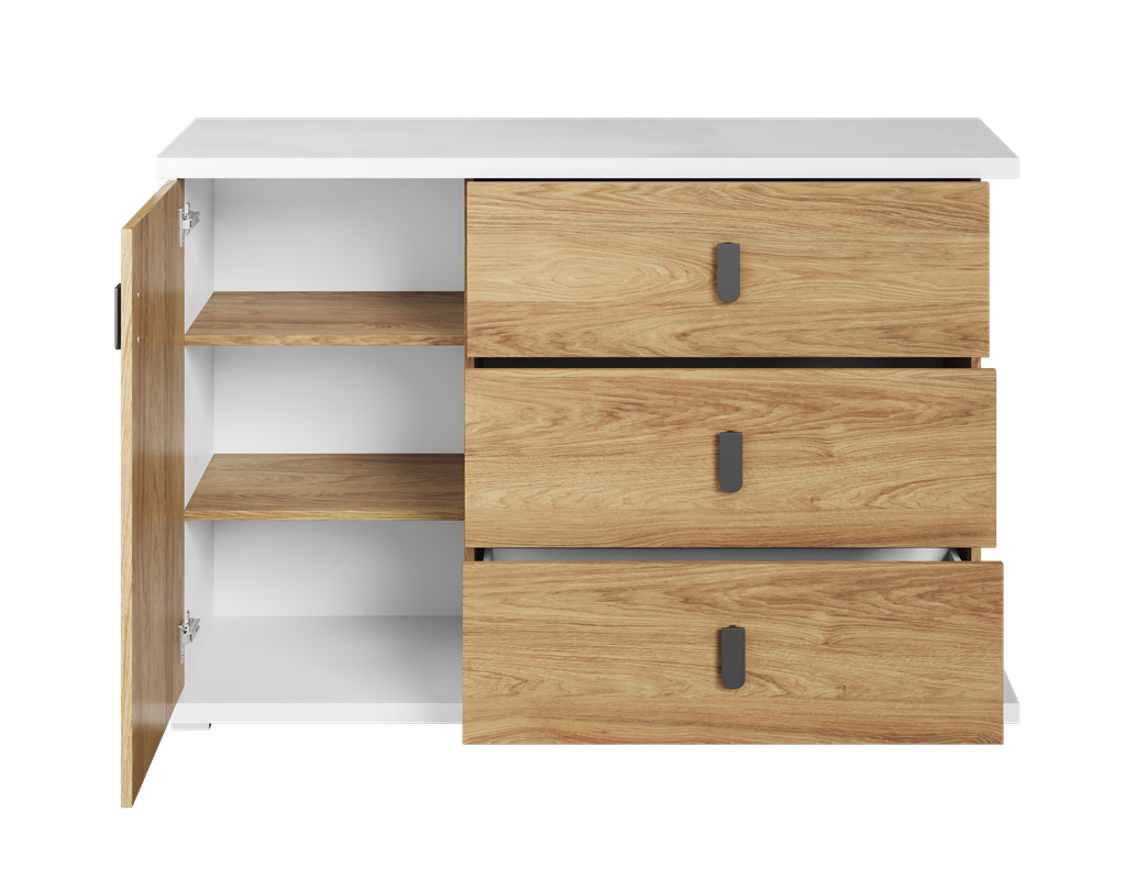 Komoda SIMI szerokość 135 cm biały/hikora naturalna MS5BH Nowoczesna Do Sypialni Przestronna Pojemna Półki Książki