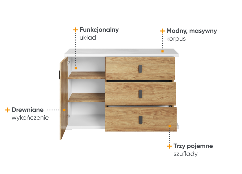 Komoda SIMI szerokość 135 cm biały/hikora naturalna MS5BH Nowoczesna Do Sypialni Przestronna Pojemna Półki Książki
