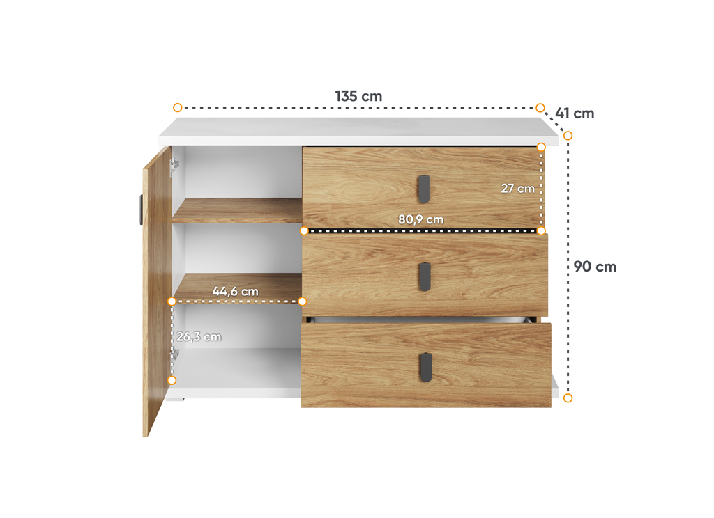 Komoda SIMI szerokość 135 cm biały/hikora naturalna MS5BH Nowoczesna Do Sypialni Przestronna Pojemna Półki Książki