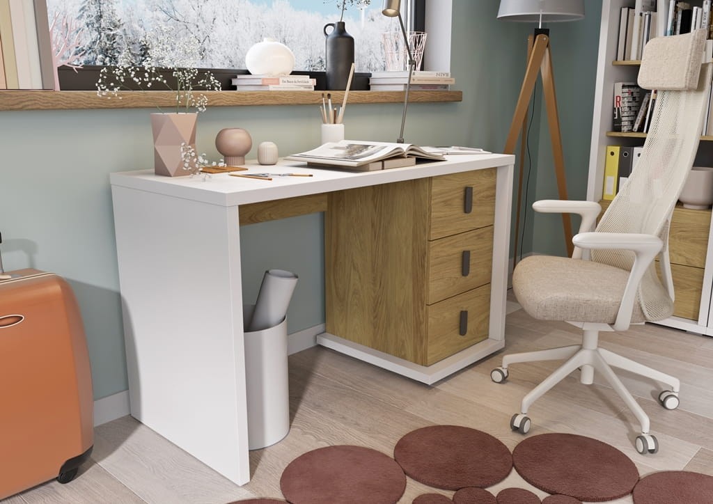 Biurko SIMI szerokość 125 cm biały/hikora naturalna MS6BH Nowoczesna Do Sypialni Przestronna Pojemna Półki Książki