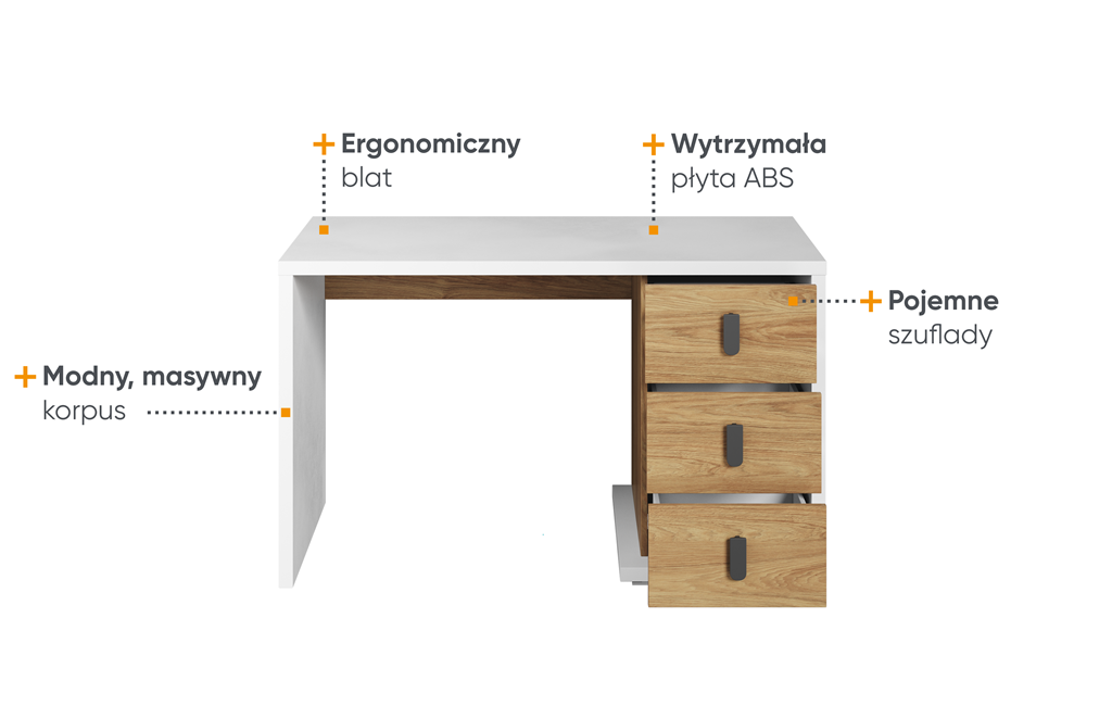 Biurko SIMI szerokość 125 cm biały/hikora naturalna MS6BH Nowoczesna Do Sypialni Przestronna Pojemna Półki Książki