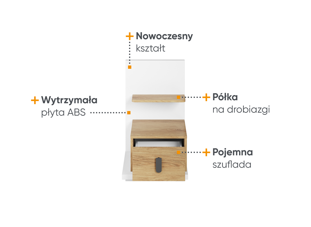 Szafka nocna SIMI szerokość 43 cm biały/hikora naturalna lewy MS8LBH Nowoczesna Do Sypialni Przestronna Pojemna Półki Książki