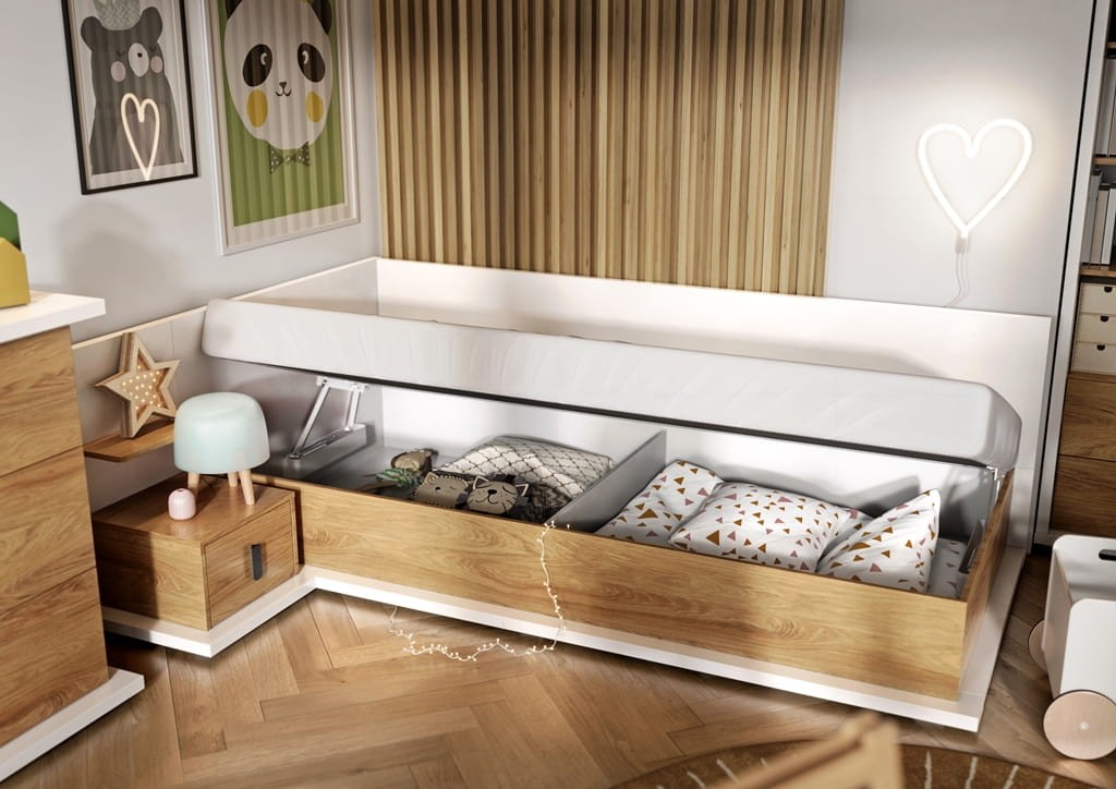 Łóżko z materacem SIMI powierzchnia spania 90 cm biały/hikora naturalna lewe MS9LBH Nowoczesna Do Sypialni Przestronna Pojemna Półki Książki