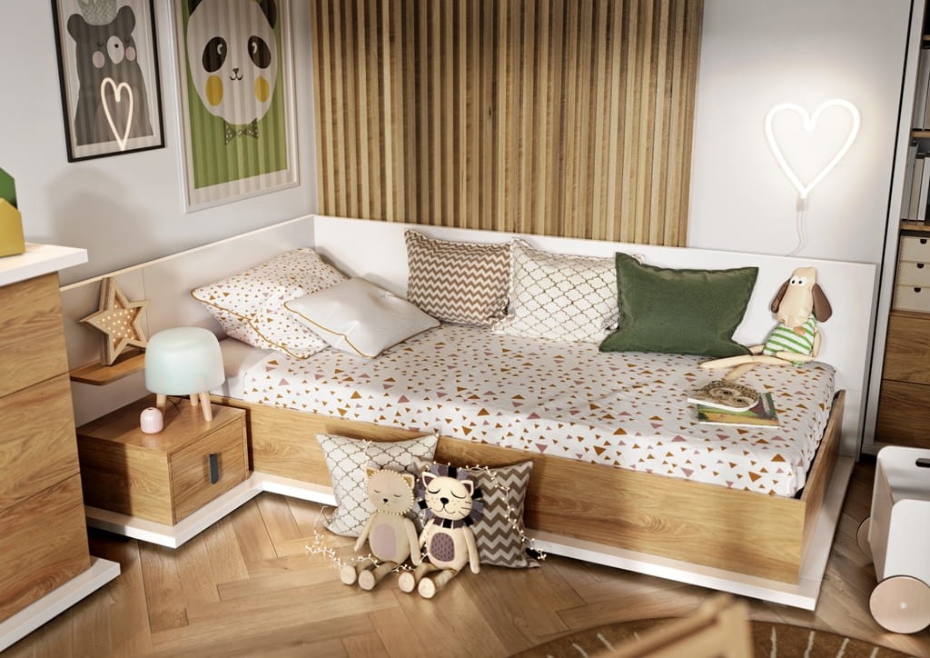 Łóżko z materacem SIMI powierzchnia spania 90 cm biały/hikora naturalna lewe MS9LBH Nowoczesna Do Sypialni Przestronna Pojemna Półki Książki