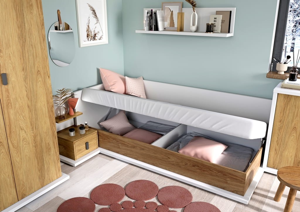 Łóżko z materacem SIMI powierzchnia spania 90 cm biały/hikora naturalna lewe MS9LBH Nowoczesna Do Sypialni Przestronna Pojemna Półki Książki