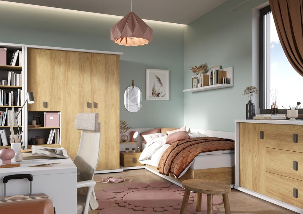 Łóżko z materacem SIMI powierzchnia spania 90 cm biały/hikora naturalna lewe MS9LBH Nowoczesna Do Sypialni Przestronna Pojemna Półki Książki