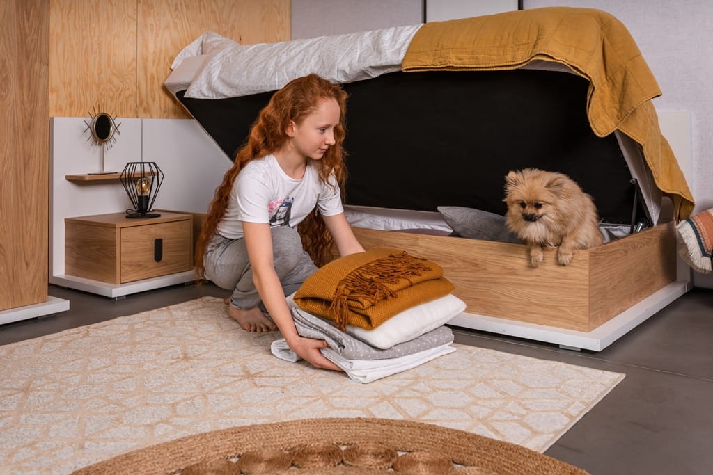 Łóżko z materacem SIMI powierzchnia spania 90 cm biały/hikora naturalna lewe MS9LBH Nowoczesna Do Sypialni Przestronna Pojemna Półki Książki