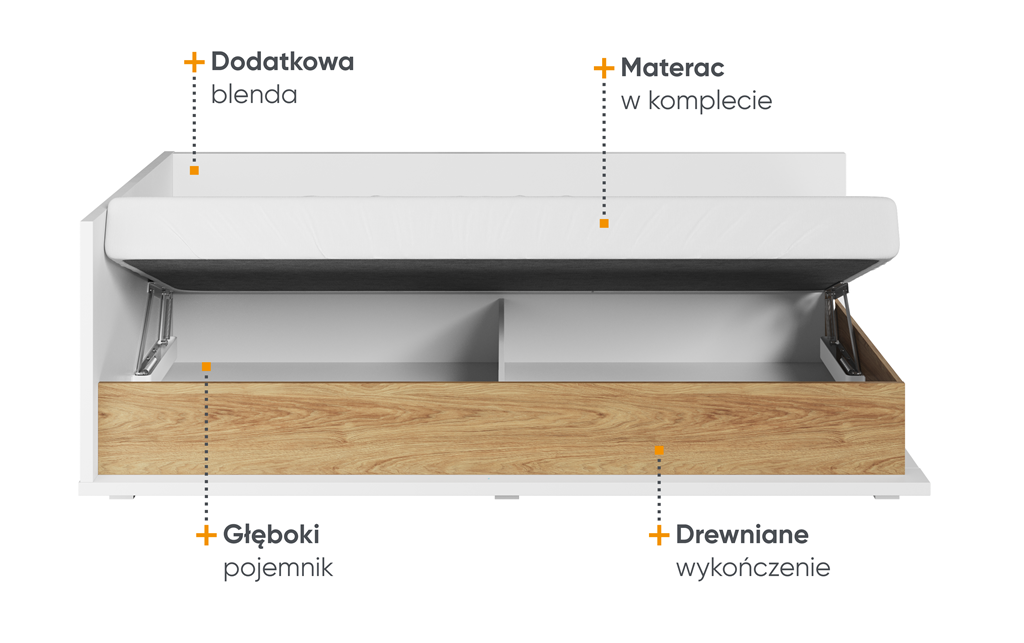 Łóżko z materacem SIMI powierzchnia spania 90 cm biały/hikora naturalna lewe MS9LBH Nowoczesna Do Sypialni Przestronna Pojemna Półki Książki