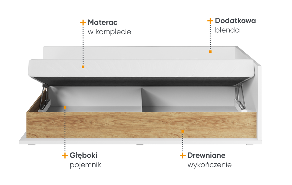 Łóżko z materacem SIMI powierzchnia spania 90 cm biały/hikora naturalna prawe MS9PBH Nowoczesna Do Sypialni Przestronna Pojemna Półki Książki
