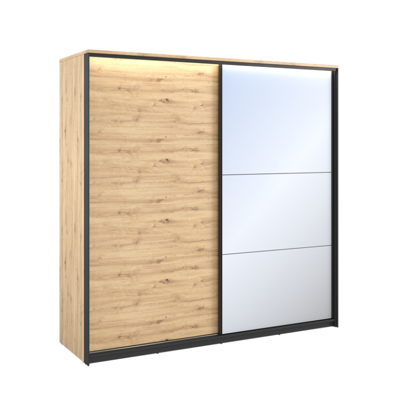 Szafa QUANT SYPIALNIA szerokość 220 cm z oświetleniem dąb artisan/czarny QS1DAC Komfort Pojemna Do Sypialni