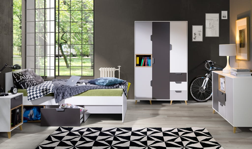 Komoda JOCKER szerokość 120 cm biały / grafit / szary / dąb lefkas 7 Nowoczesny Styl Pokój młodzieżowy