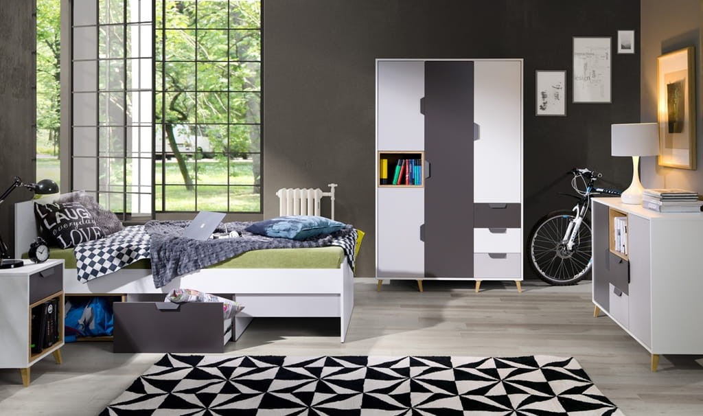 Łóżko JOCKER powierzchnia spania 90 cm biały / grafit / szary / dąb lefkas 15 Nowoczesny Styl Pokój młodzieżowy