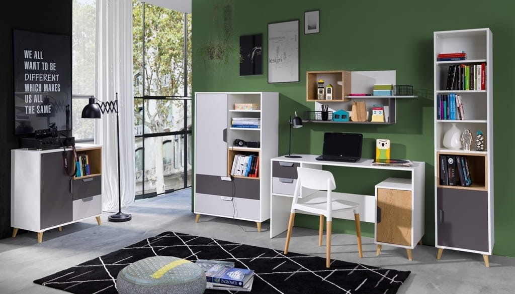 Pokój młodzieżowy 2 JOCKER biały / grafit / szary / dąb lefkas Nowoczesny Styl Pokój młodzieżowy