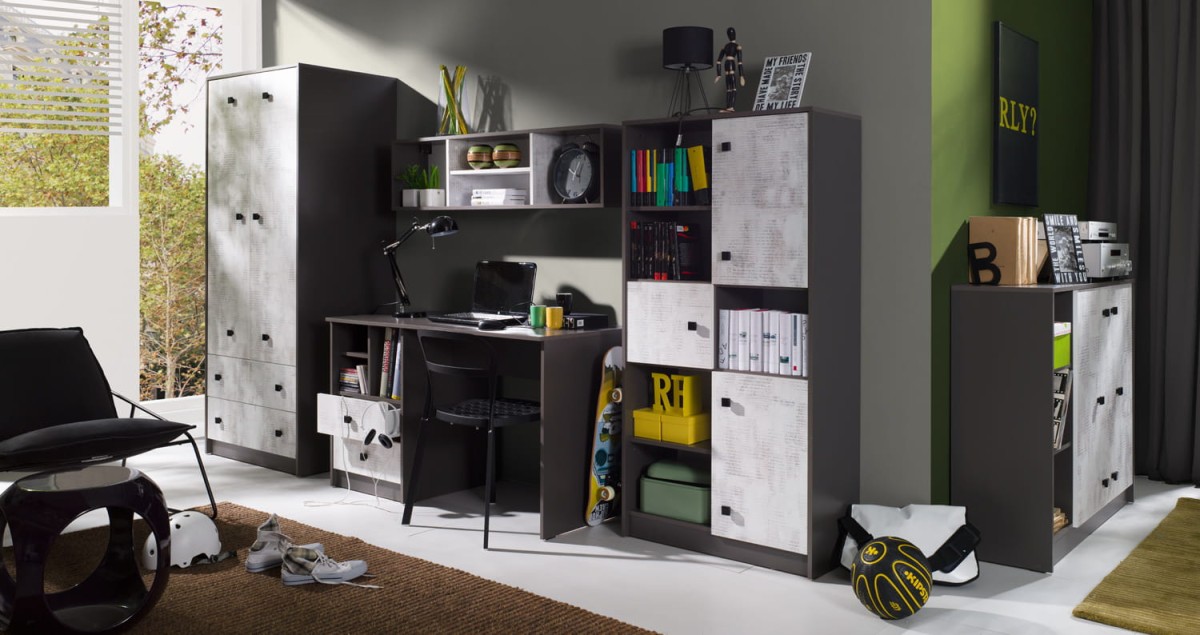 Biurko TOMMY szerokość 130 cm grafit / enigma 18 Do pokoju młodzieżowego Pojemna Półki Książki