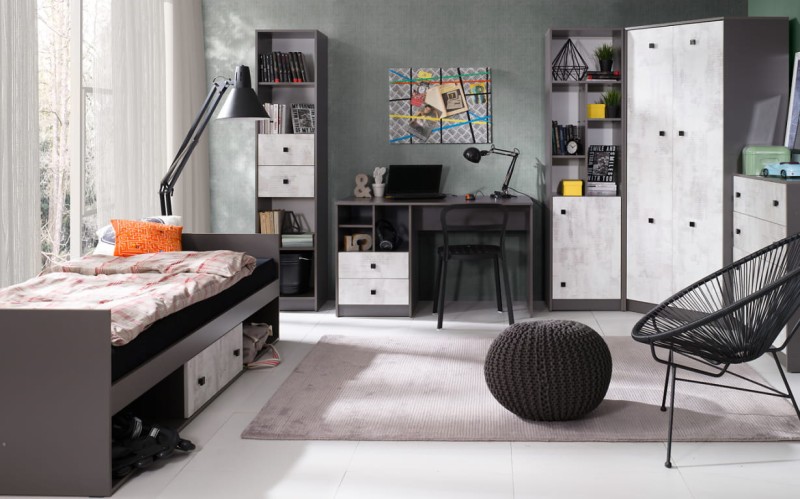 Pokój młodzieżowy 2 TOMMY grafit / enigma Pokój młodzieżowy Pojemna Półki Książki