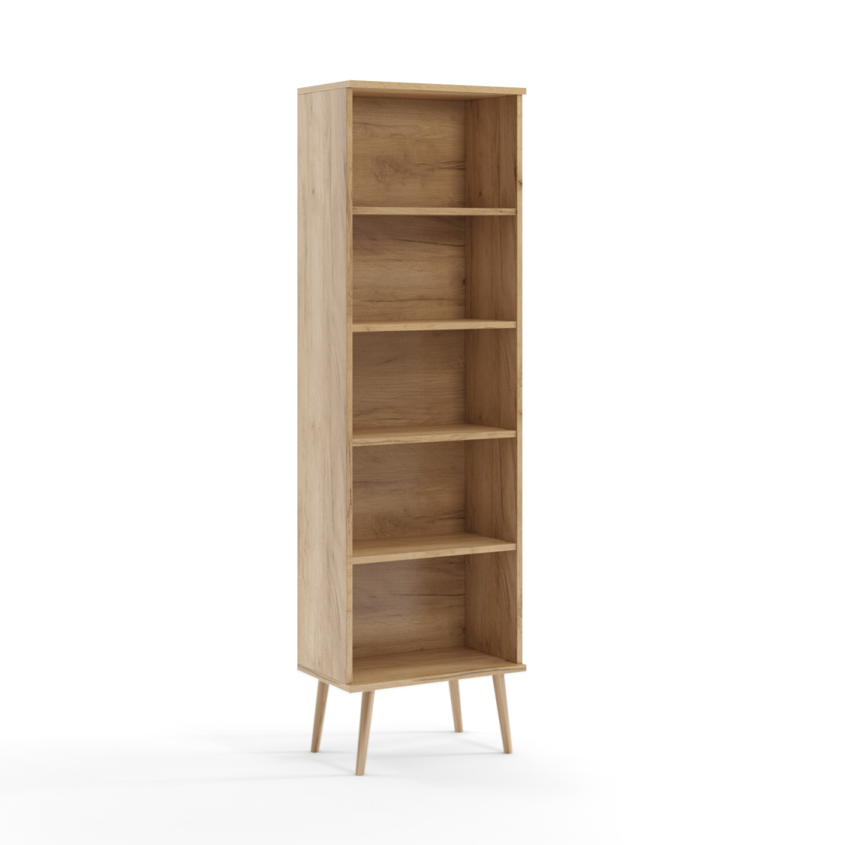 Regał BALI Wysoki Słupek Otwarty Półki Wąski Do Salonu Pokoju W Stylu Skandynawskim BOHO Szerokość 46 cm Dąb Craft Kraft Wysokie Drewniane Nóżki Oryginalne Uchwyty Jutowe.png