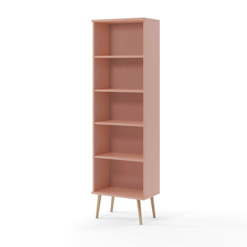 Regał BALI Wysoki Słupek Otwarty Półki Wąski Do Salonu Pokoju W Stylu Skandynawskim BOHO Szerokość 46 cm Róż Naturalny Wysokie Drewniane Nóżki Oryginalne Uchwyty Jutowe.png