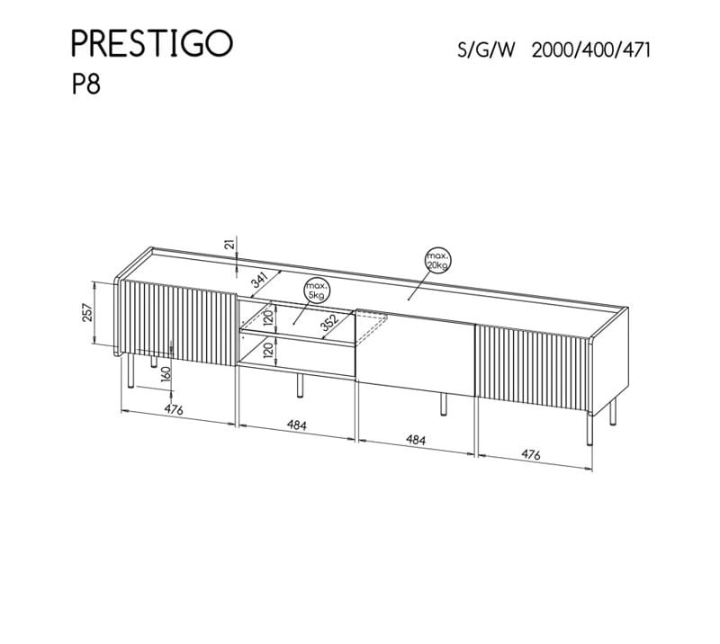 Szafka RTV PRESTIGO P8 szerokość 200 cm orzech / czarny mat / san sebastian Wymiary