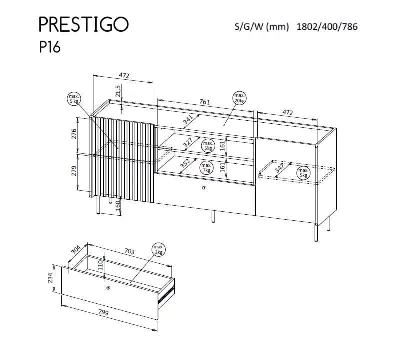 Komoda PRESTIGO P16 szerokość 180,2 cm orzech / czarny mat / san sebastian kominek elektryczny Wymiary