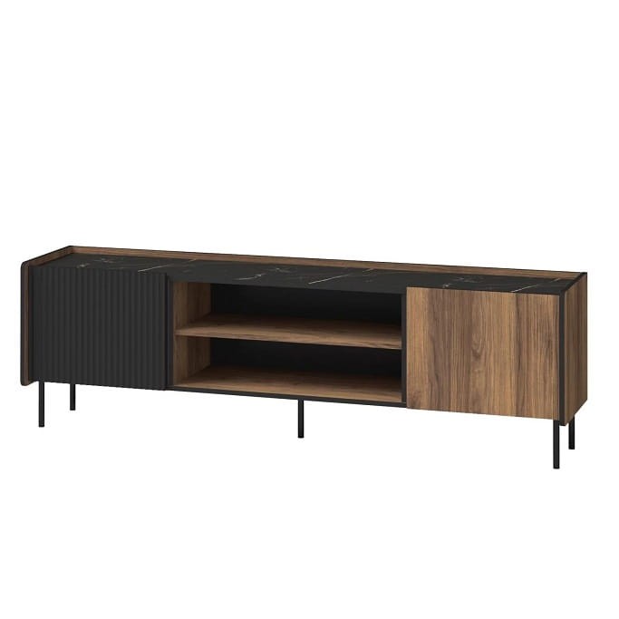 Szafka RTV PRESTIGO P17 szerokość 180,2 cm orzech / czarny mat / san sebastian bez kominka