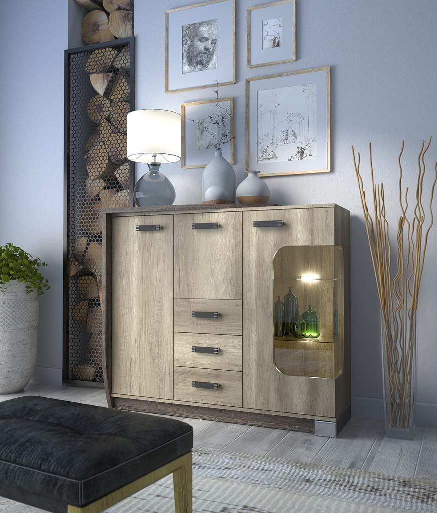 Komoda z przeszkleniem ROMERO R7 L Meble Do Salonu Dąb Canyon / Arusha Lewa Funkcjonalna Wysoka jakość Pokój dzienny