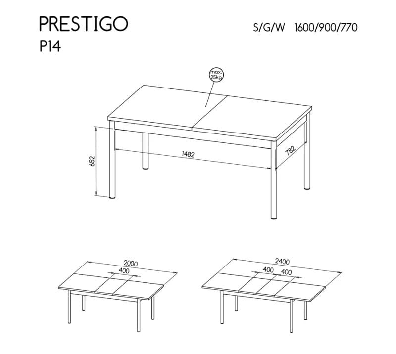 Stół 160 / 240 x 90 rozkładany PRESTIGO P14 orzech / czarny mat / san sebastian Wymiary