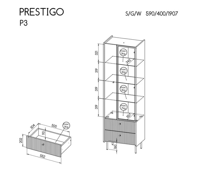 Witryna PRESTIGO P3 orzech / czarny mat / san sebastian