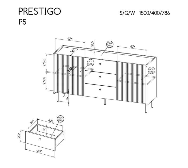 Komoda PRESTIGO P5 orzech / czarny mat / san sebastian