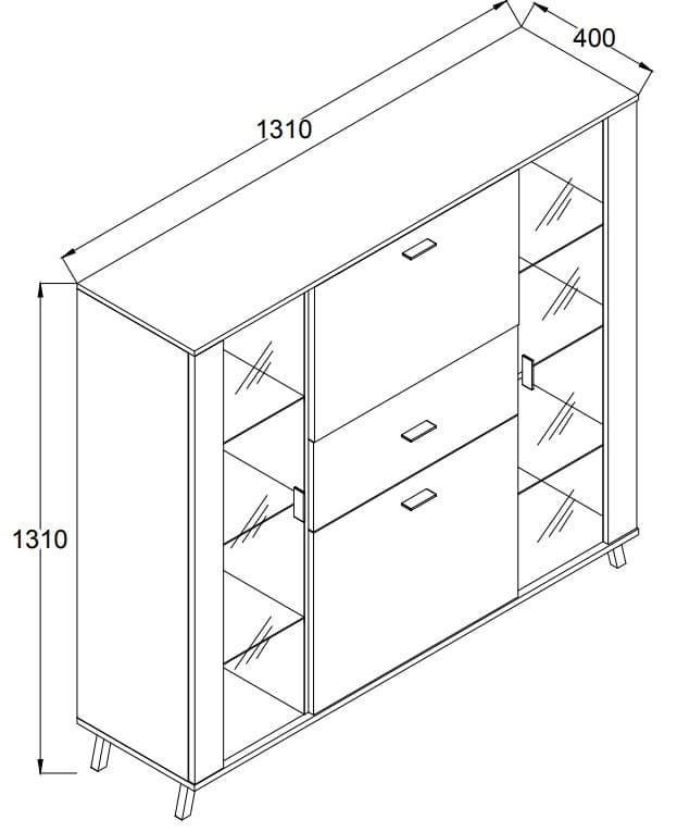 Zdjęcie Wymiarów Witryna Wysoka JOHN 3 szerokość 131 cm Dąb Lefkas / Czarny