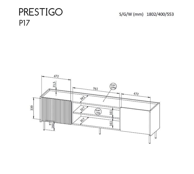 Szafka RTV PRESTIGO P17 szerokość 180,2 cm orzech / czarny mat / san sebastian kominek elektryczny Wymiary