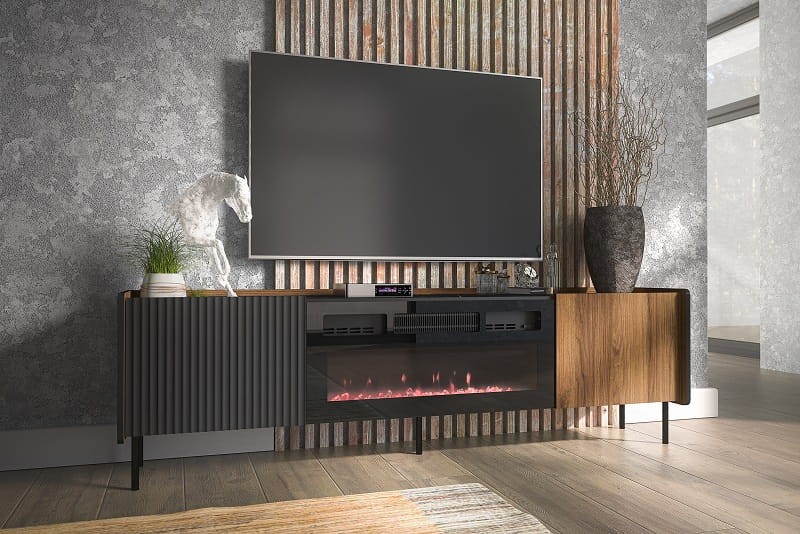 Szafka RTV PRESTIGO P17 szerokość 180,2 cm orzech / czarny mat / san sebastian kominek elektryczny Aranżacja