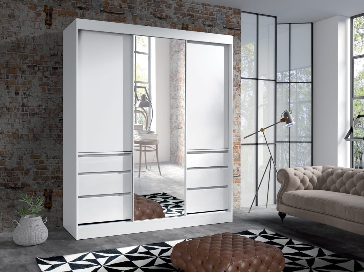 Szafa HAITI 180 Z Drążkiem Półkami Przesuwna Lustro Biały Nowoczesna Funkcjonalna Do Sypialni Do Pokoju Młodzieżowego Do Przedpokoju