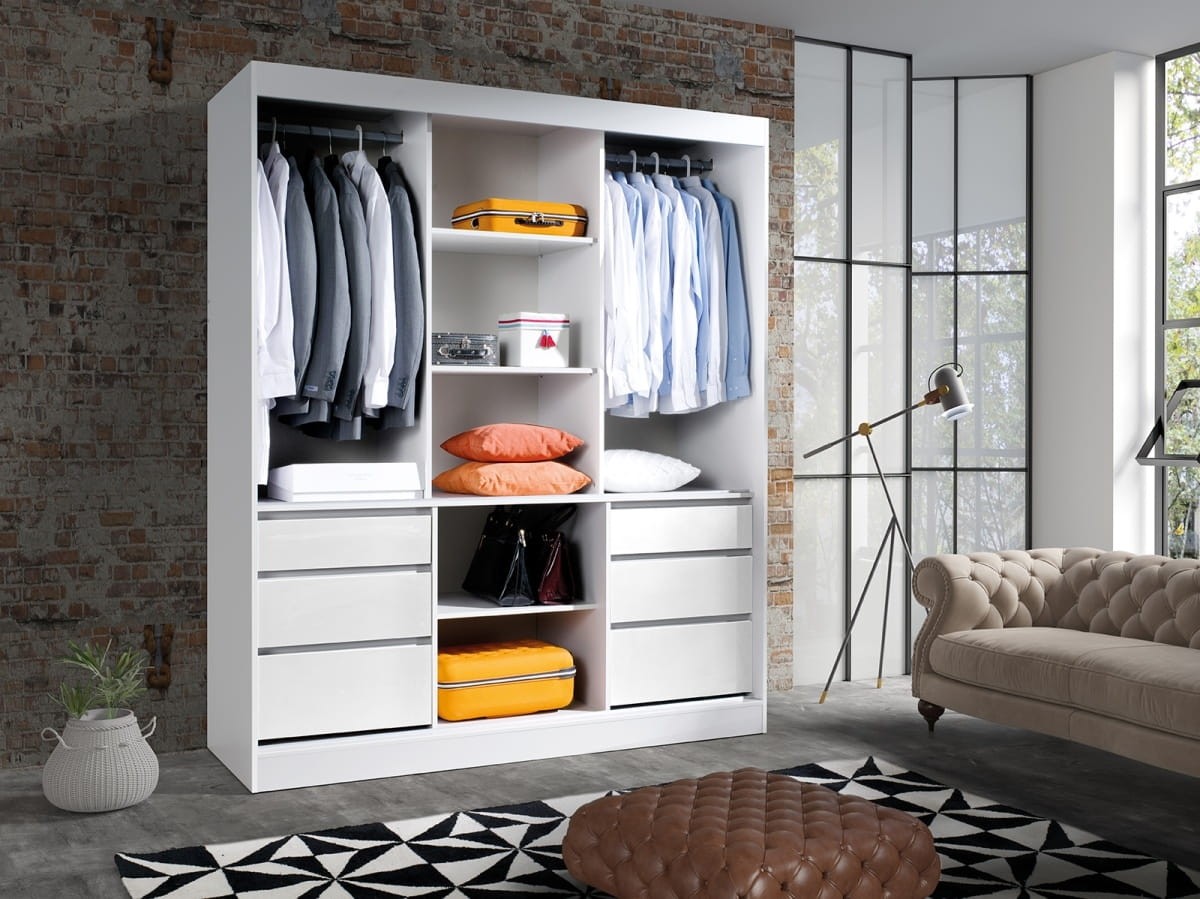 Szafa HAITI 180 Z Drążkiem Półkami Przesuwna Lustro Biały Nowoczesna Funkcjonalna Do Sypialni Do Pokoju Młodzieżowego Do Przedpokoju