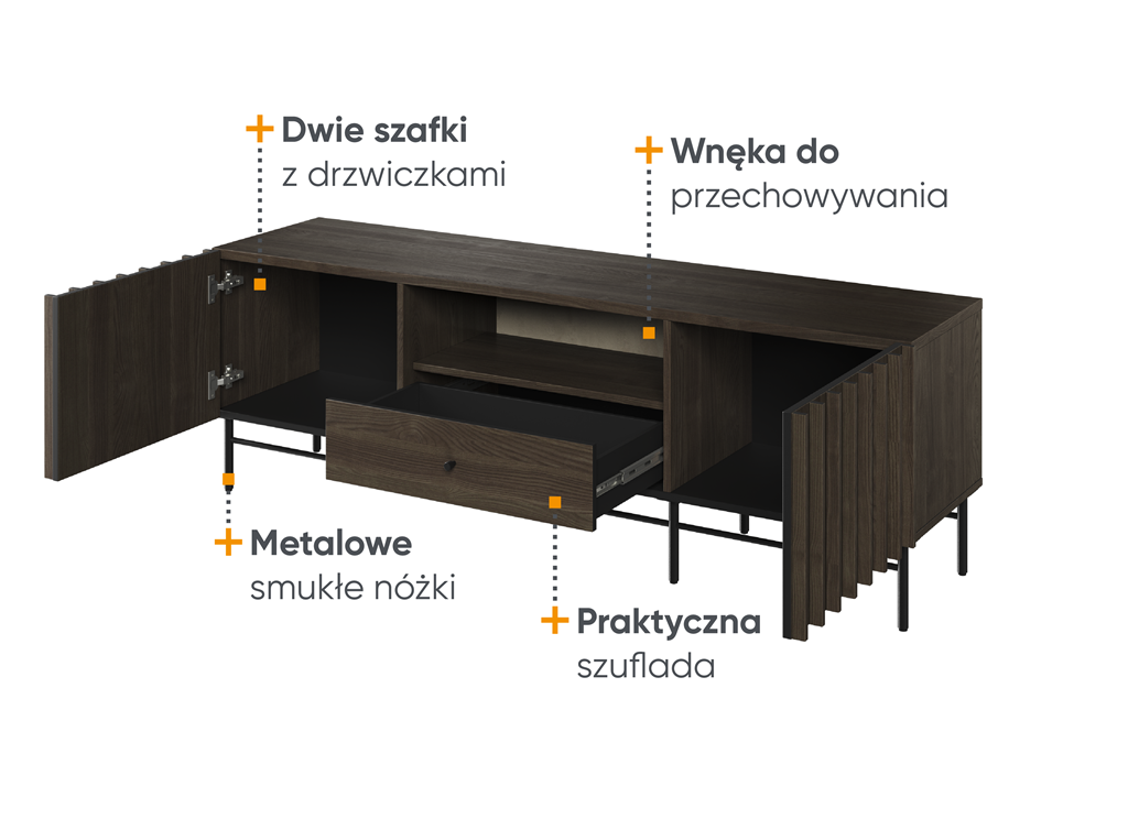 Szafka RTV PIEMONTE PE3JCZ szerokość 165 cm jesion portland / czarny Komfort Pojemna Do Sypialni