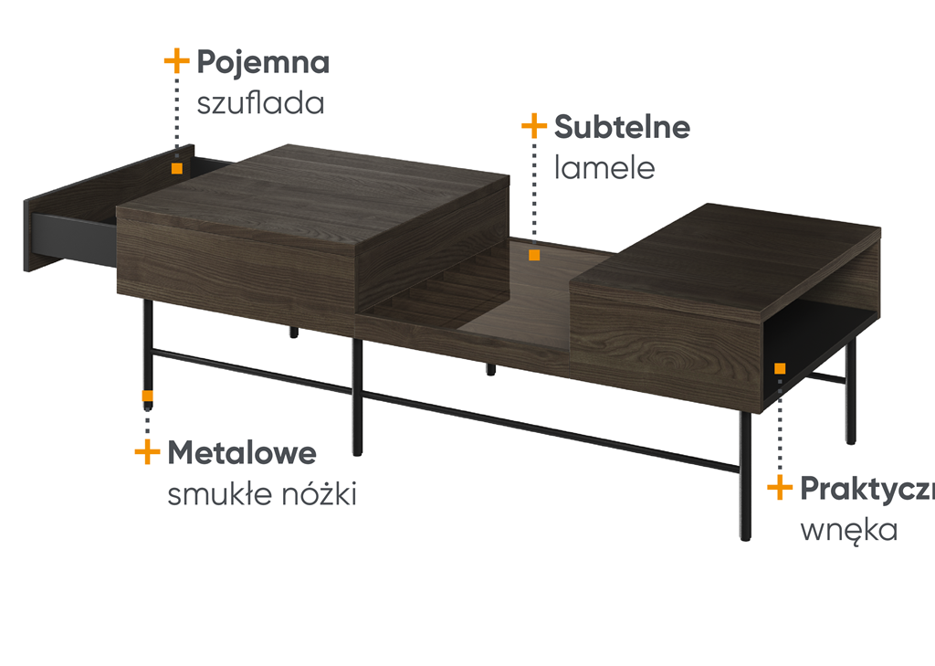 Stolik kawowy PIEMONTE PE8JCZ szerokość 134 cm jesion portland / czarny Komfort Pojemna Do Sypialni