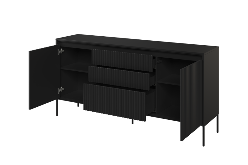 Komoda TREND TR1C szerokość 166 cm komoda 2d3s z oświetleniem - czarny/frezowanie proste Komfort Pojemna Do Sypialni Do Salonu Nowoczesność