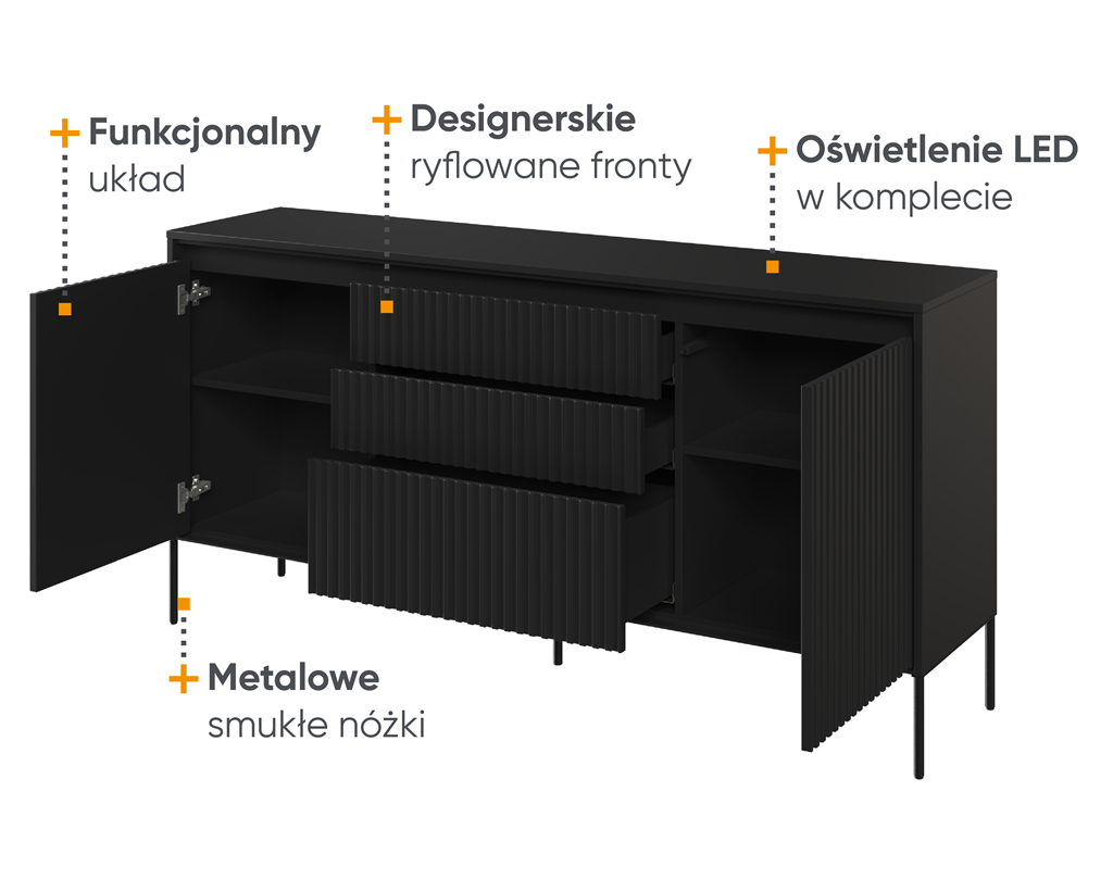 Komoda TREND TR1C szerokość 166 cm komoda 2d3s z oświetleniem - czarny/frezowanie proste Komfort Pojemna Do Sypialni Do Salonu Nowoczesność