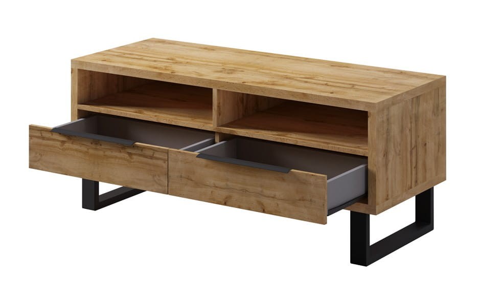 Szafka RTV Halle 41 Szerokość 124 cm Wysokość 50 cm Do Salonu Pokoju Mała W stylu LOFT Industrial Metalowe Czarne Nogi Otwarte Szuflady.jpg